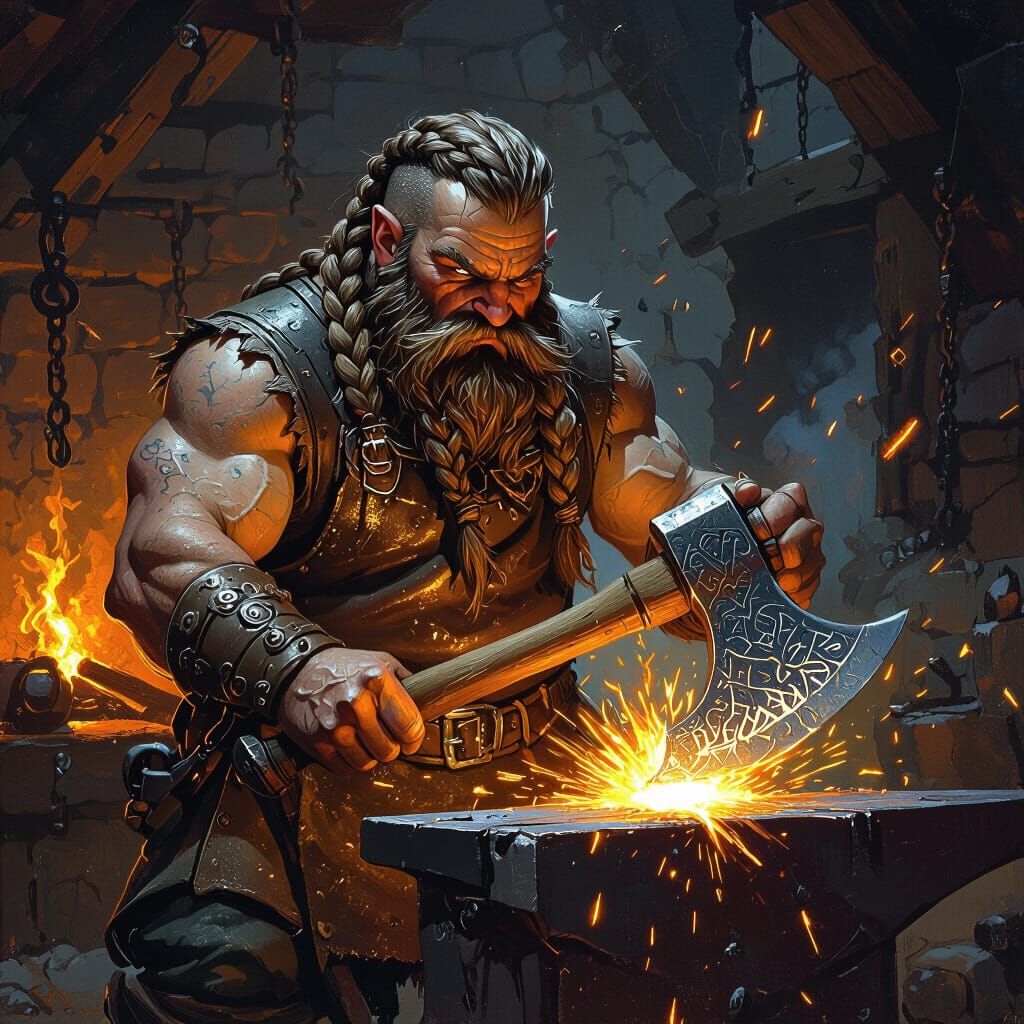 Dwarven Blacksmith Forging Rune Axe in Dark Fantasy Style
