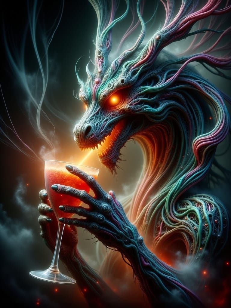 Dragon Sips Fiery Lava Wine in Hyperrealistic Fantasy Art