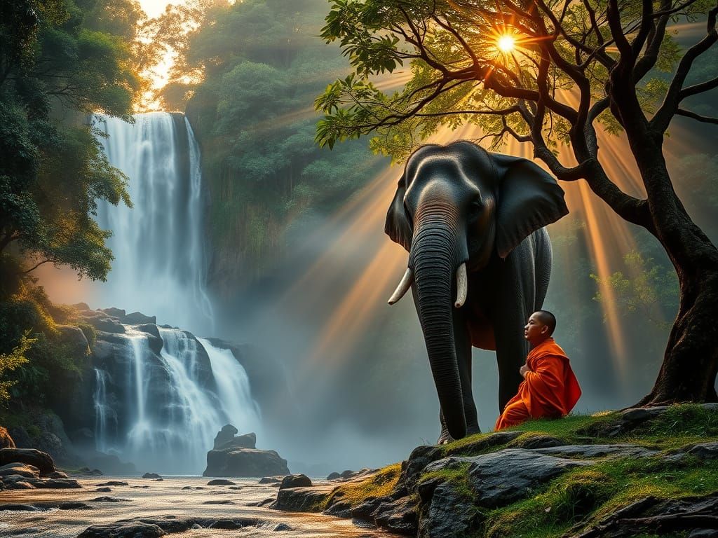 Surreal Thai Morning Landscape with Cascading Waterfall and ...