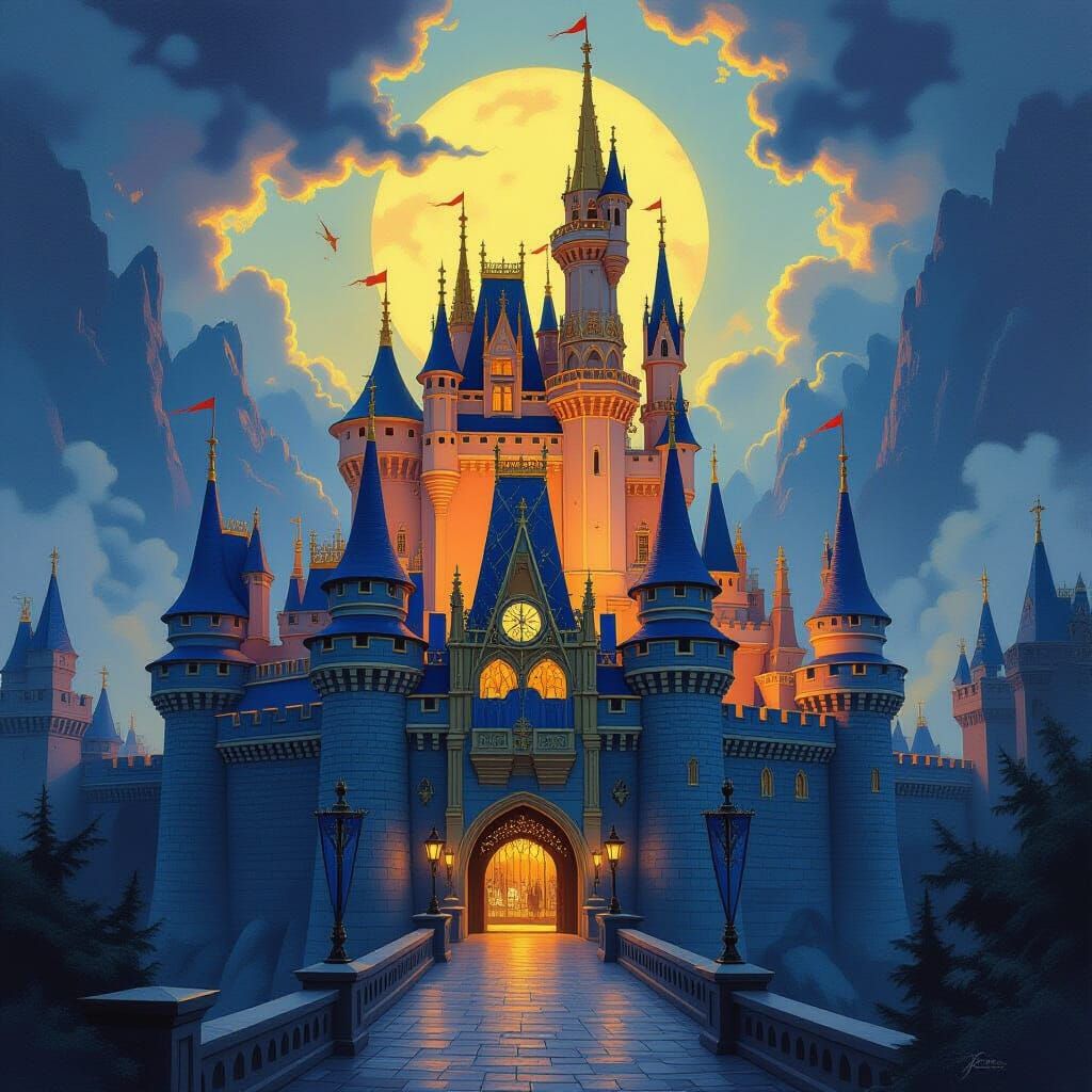 Majestic Fantasy Castle Oil Painting with Dramatic Lighting