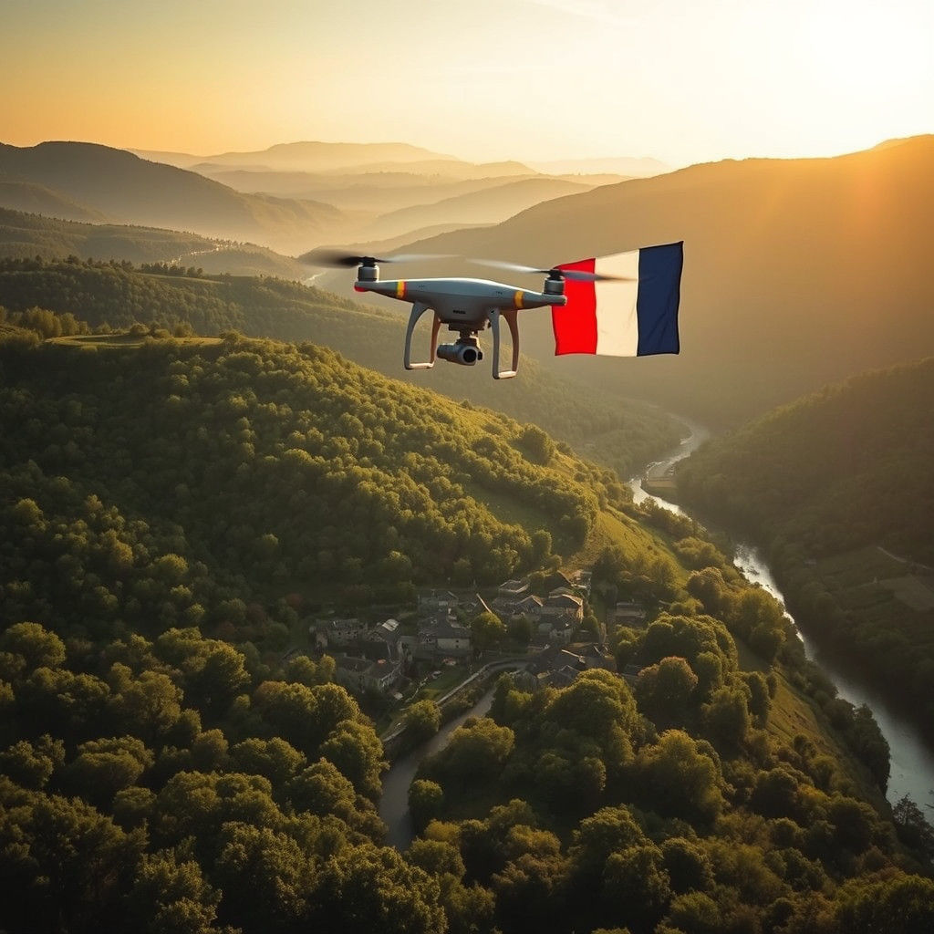 Drone Over Auvergne with French Flag, Impressionist Style