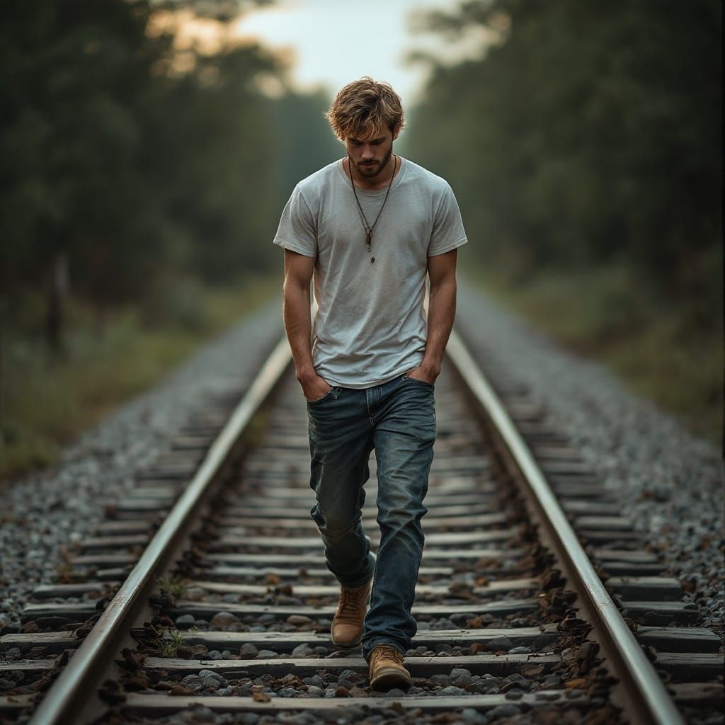 Man Walks Railroad Tracks in Melancholic Portrait