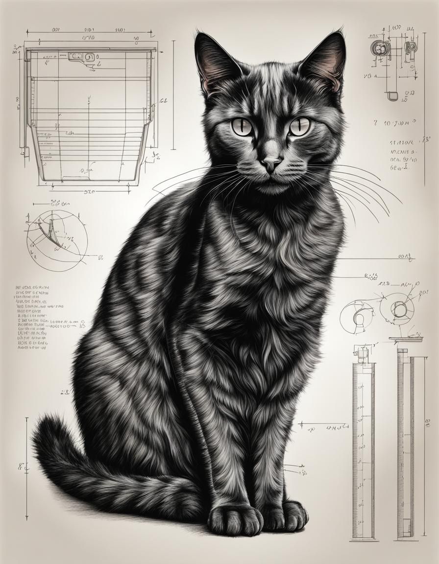 Technical Drawing of a Black Cat in Vector Art