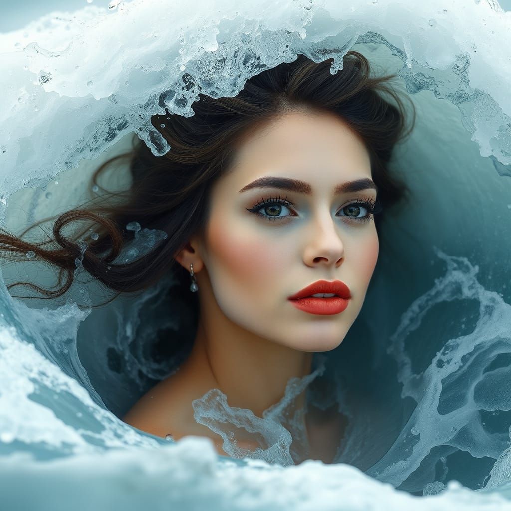 Ethereal Water Goddess Emerges from Crashing Waves
