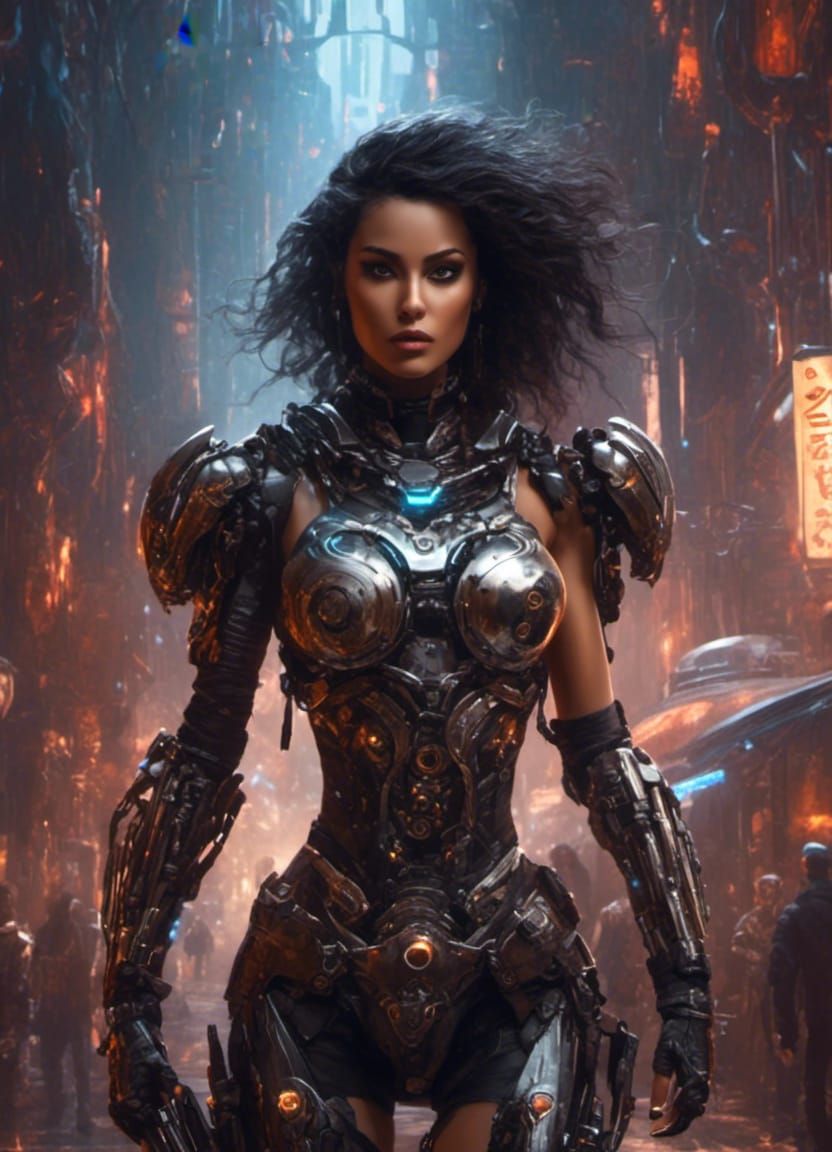 Brunette Cyborg in Dark Fantasy Style