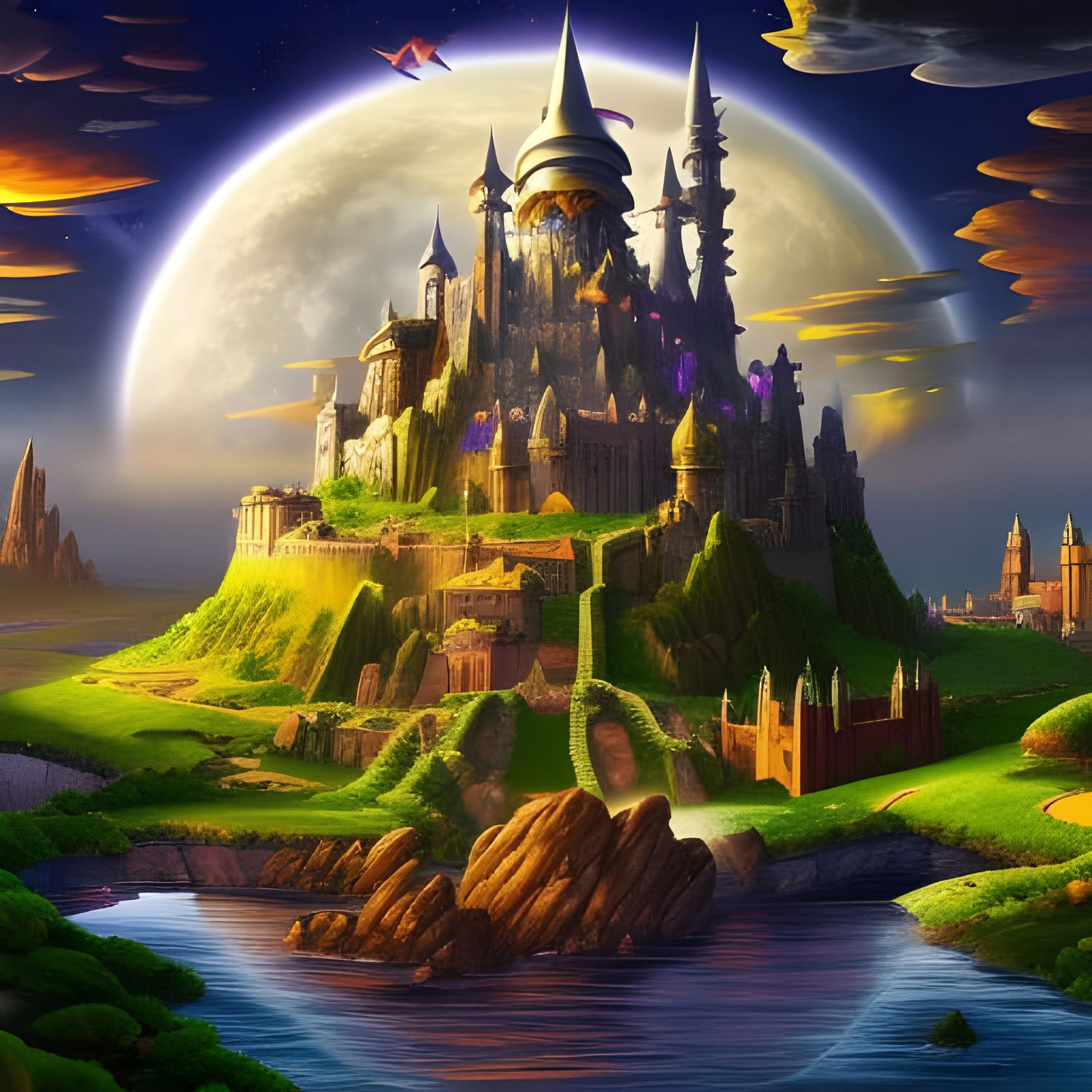 Iridescent Fantasy Castle City Under Cosmic Sky