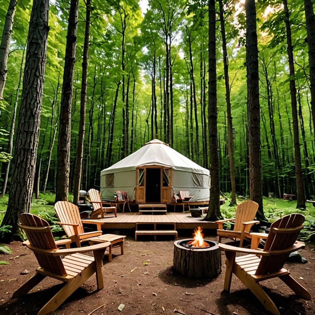 Summertime Glamping Yurt in Forest with Chairs