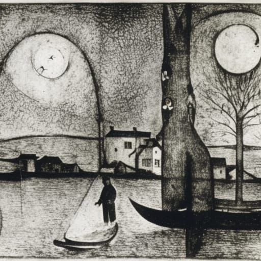 Old Man and Winter River in Surreal Art Style