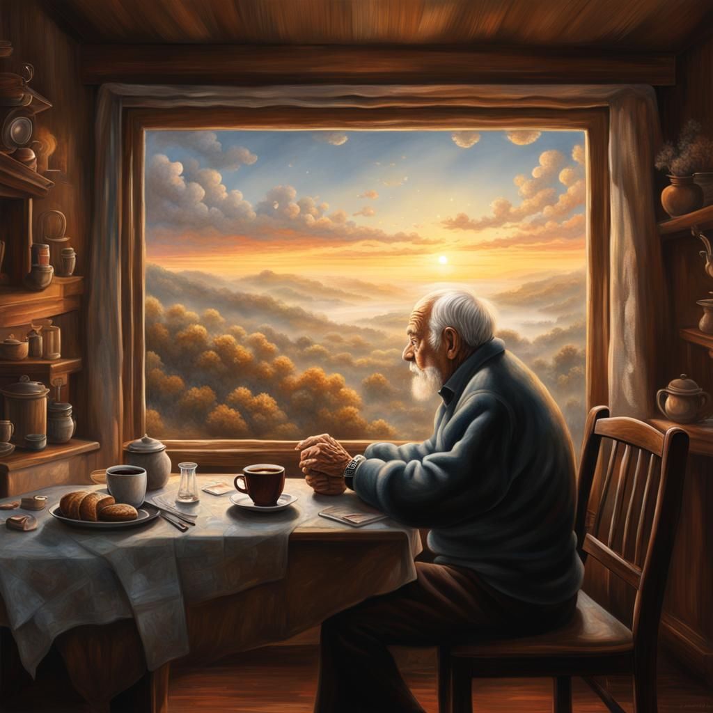 Hyperrealistic Old Man Reminiscing at Sunrise