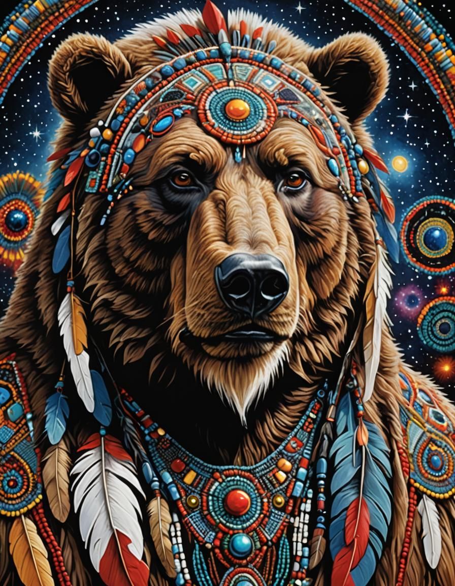 Indigenous CHEROKEE Grandfather Bear, Beadwork, FEATHERS, Cosmic-Visionary, JIM BAKER, Amanda Sage