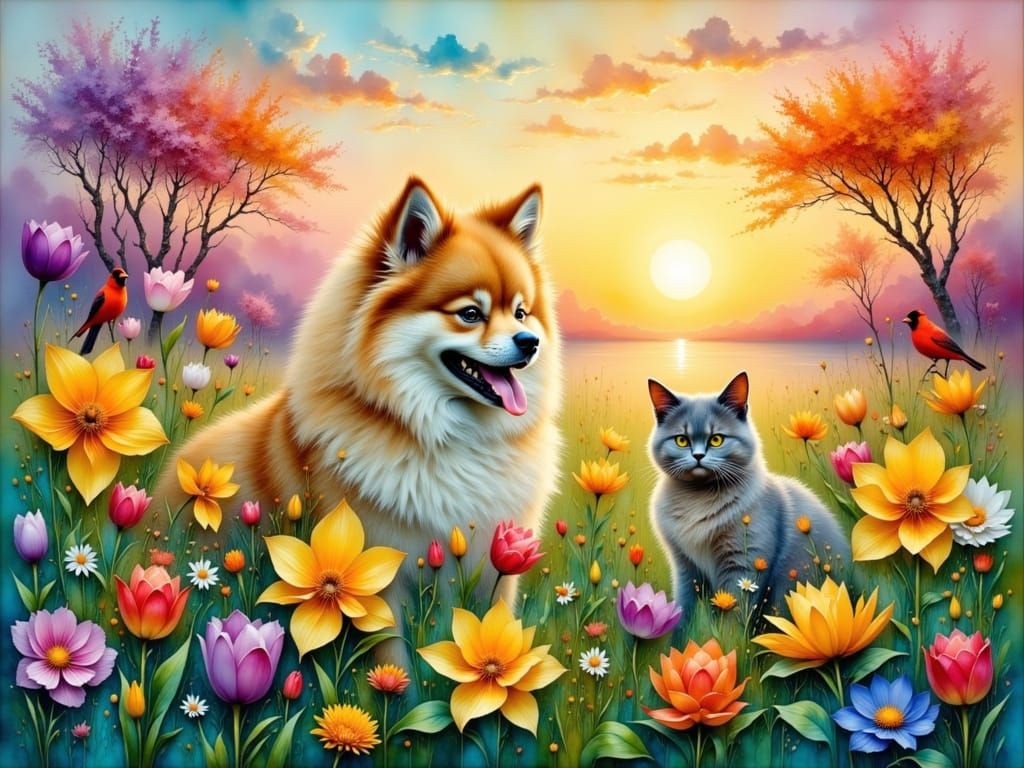 Pomeranian, Tabby, and Cardinal in Floral Landscape