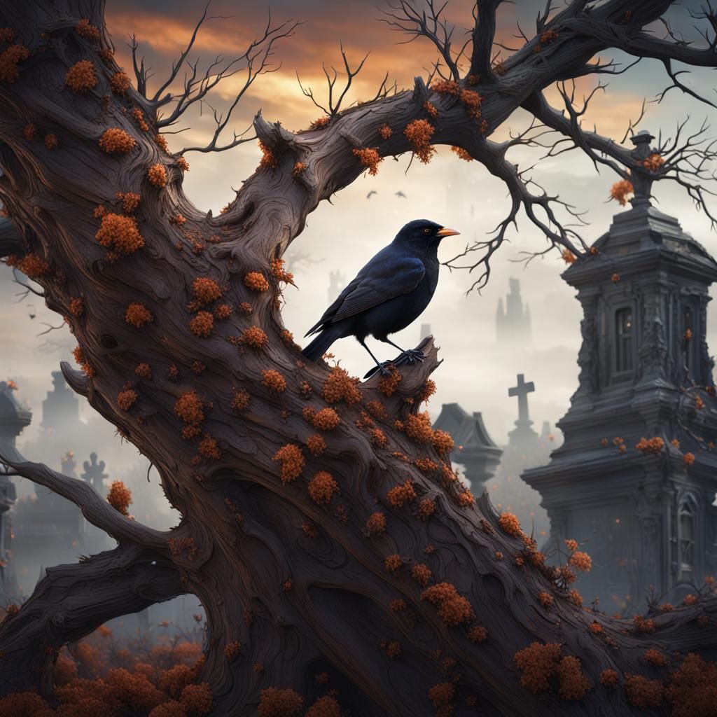 Blackbird on Cemetery Branch: Detailed Matte Painting