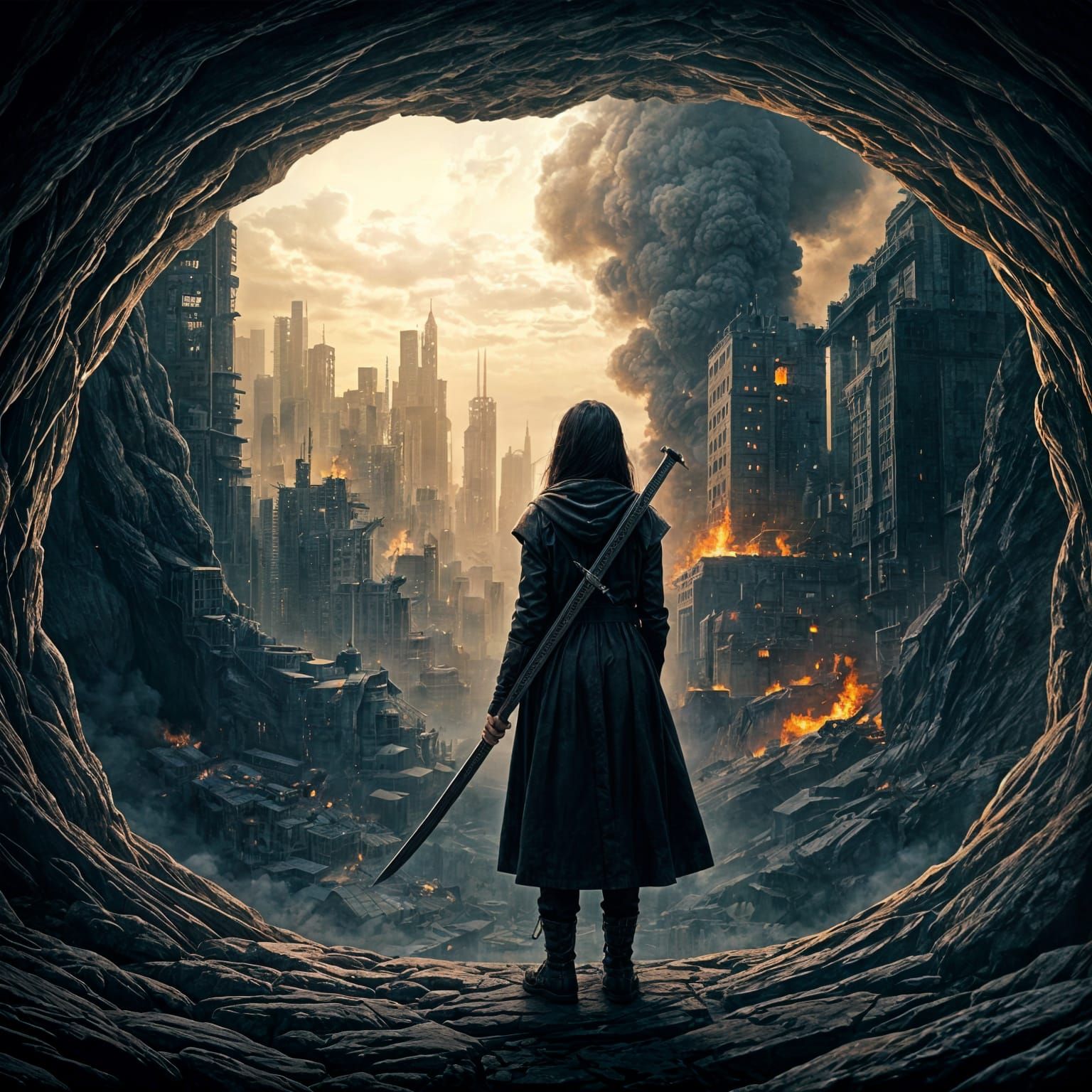 Dystopian Sword Girl in Burning City