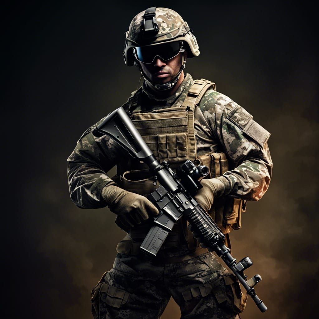 American Soldier with M4 Rifle in Tactical Scene