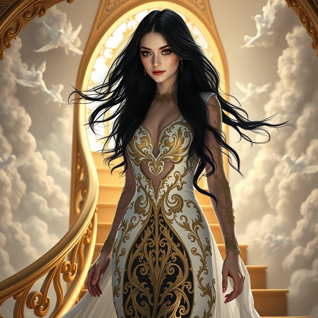 Ethereal Gothic Goddess Descends Golden Staircase