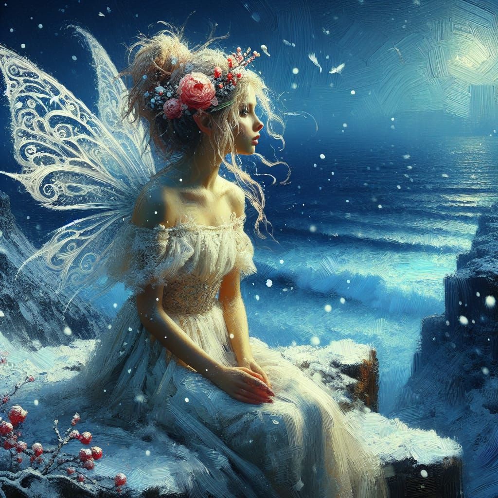Fantasy Fairy Overlooking Ocean in Oil Painting Style