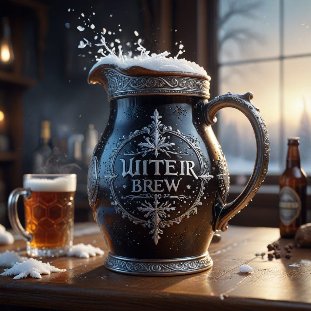 Realistic Beer Mug with Snow Flakes and Winter Brew Label