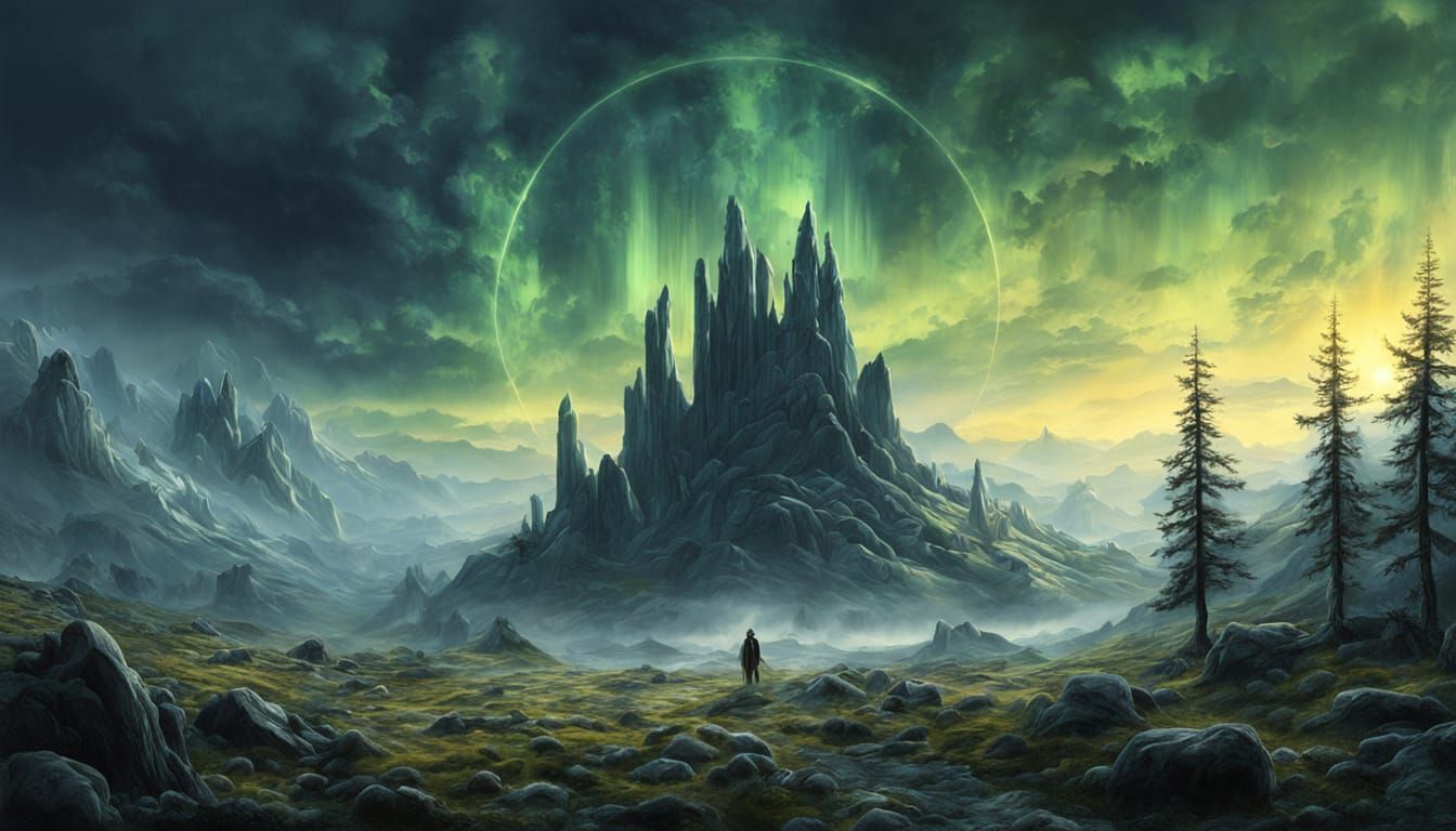 Spectral Stag in Ancient Stone Circle Under Aurora Sky