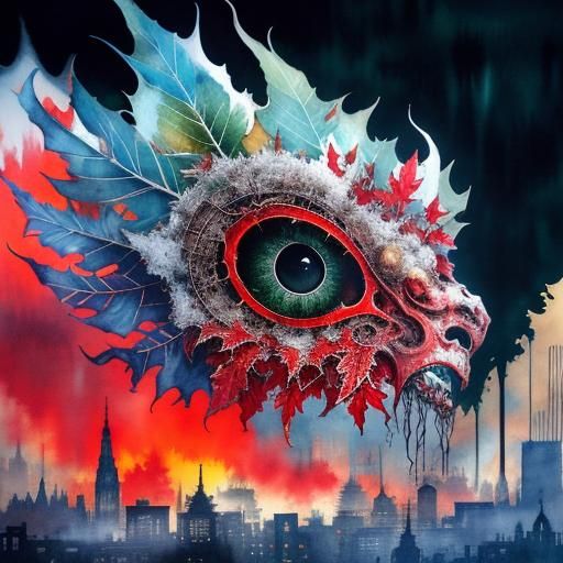 Surreal Double Exposure: Root Creature in Dystopian City