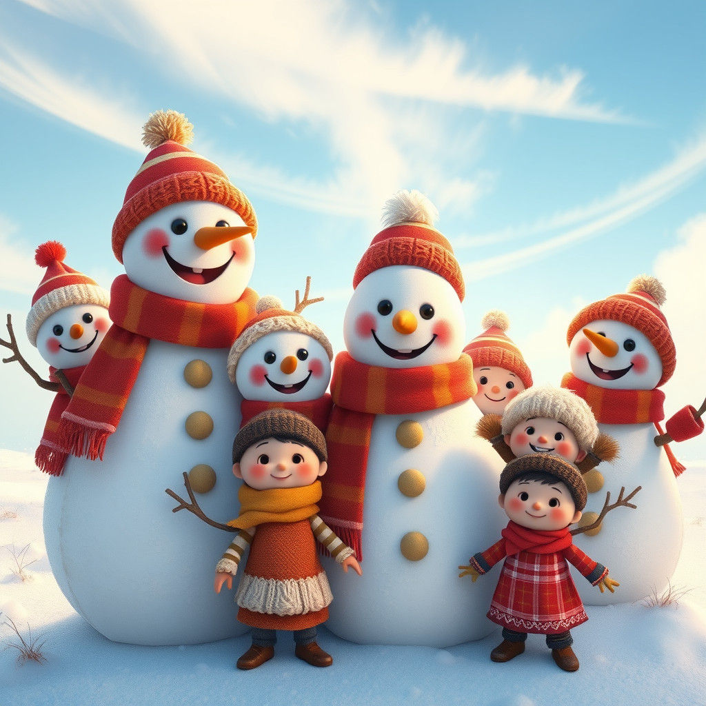Whimsical Winter Family Scene with Snowmen and Children