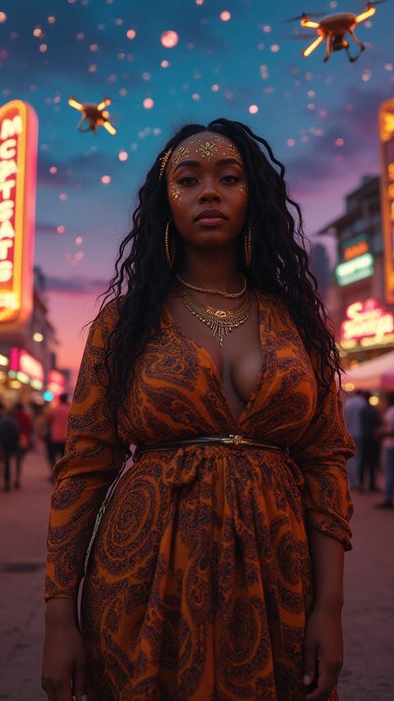 Pan-African Futurism: Woman on Skybridge Market at Dusk