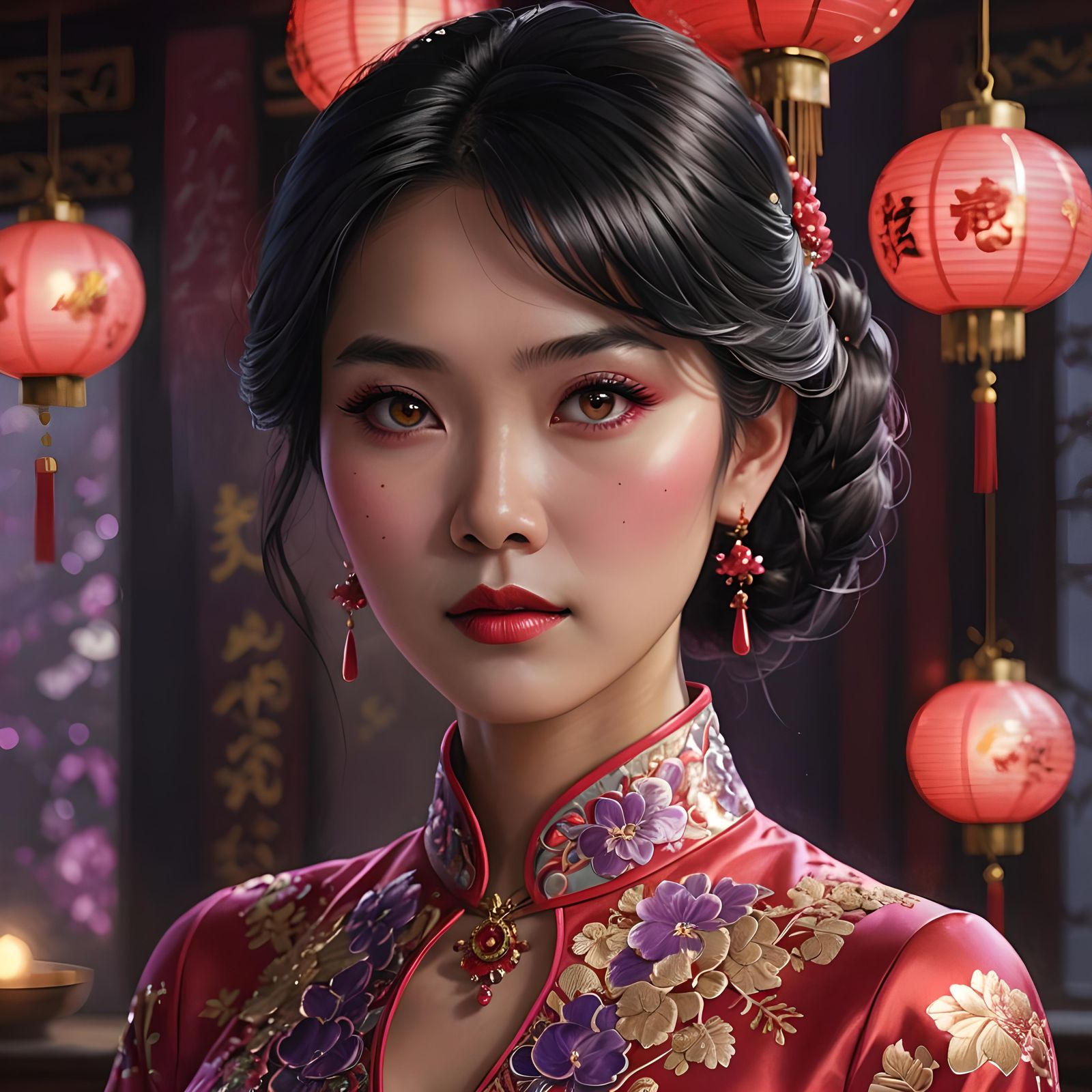 Beautiful Woman with Glowing Eyes in Red Cheongsam Portrait
