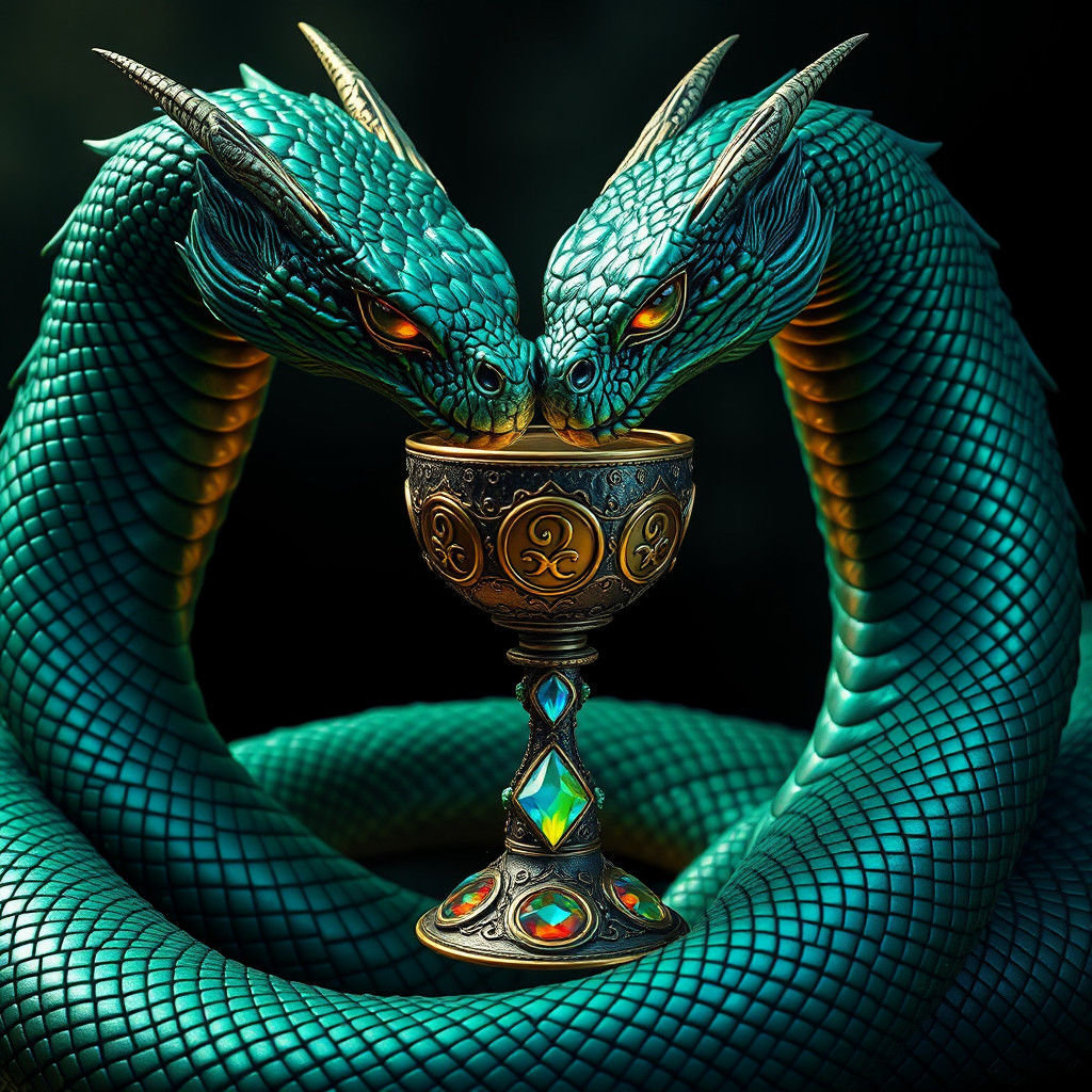 Serpents Drinking from Gemstone Goblet: Fantasy Art