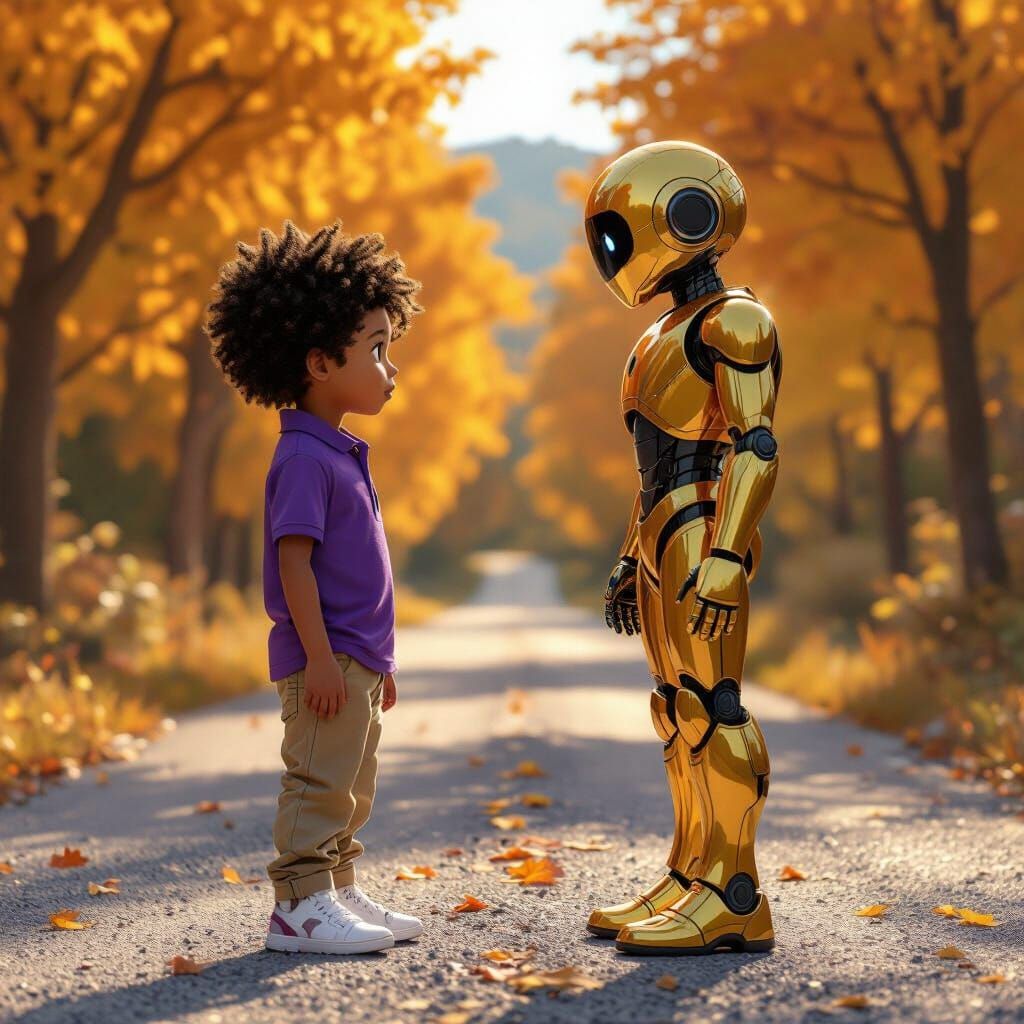 Boy Meets Robot on Autumn Road in 3D Anime Style