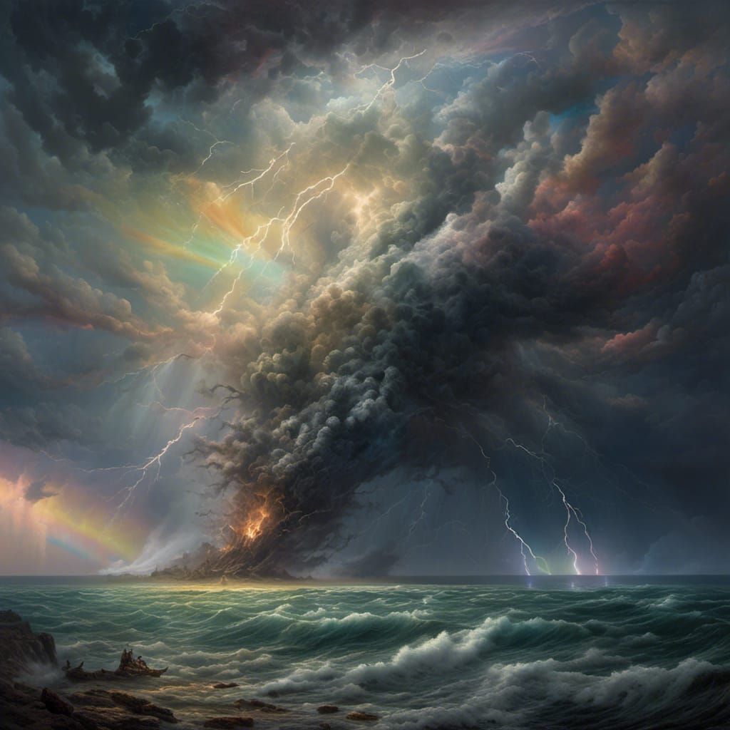 Dramatic Rainbow Tornado Over Stormy Sea