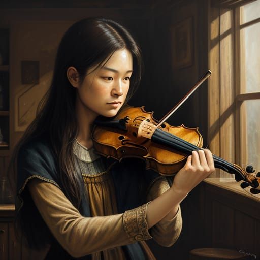 Girl Plays Violin in Rustic Room Oil Painting