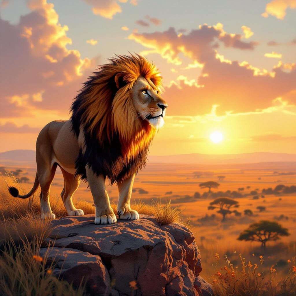 Majestic Lion with Fiery Mane: Hyperrealistic Digital Art