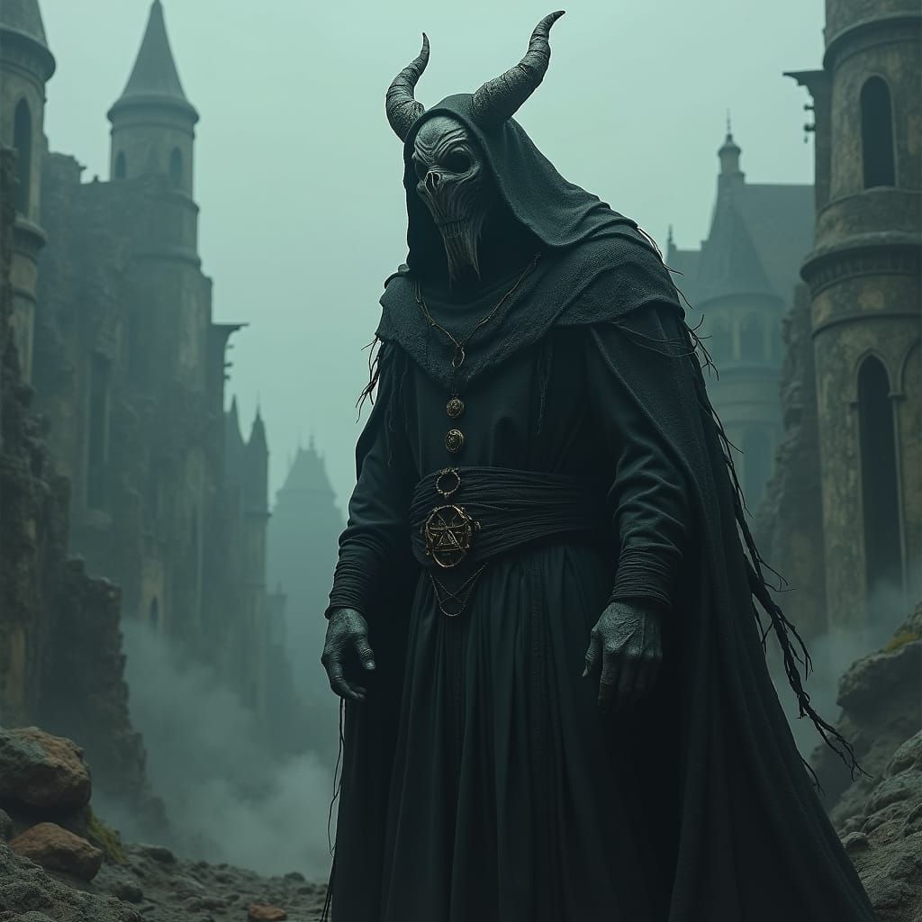 Ominous Villain in Ruined Cityscape: Dark Fantasy Art