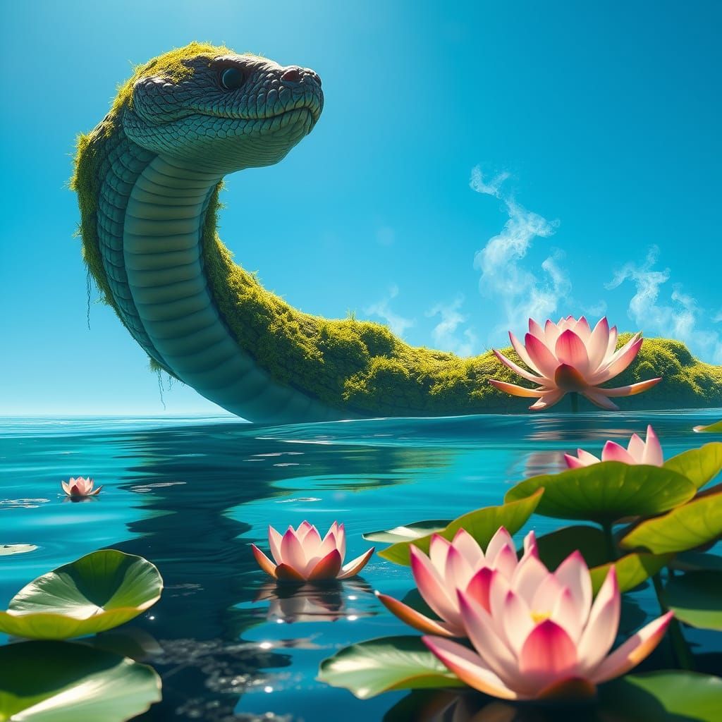 Giant Snake Surrounded by Vibrant Lotuses in a Dreamlike Sce...