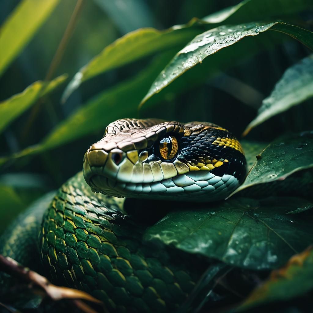 Mesmerizing Snake Eyes Peering Through Wet Leaves