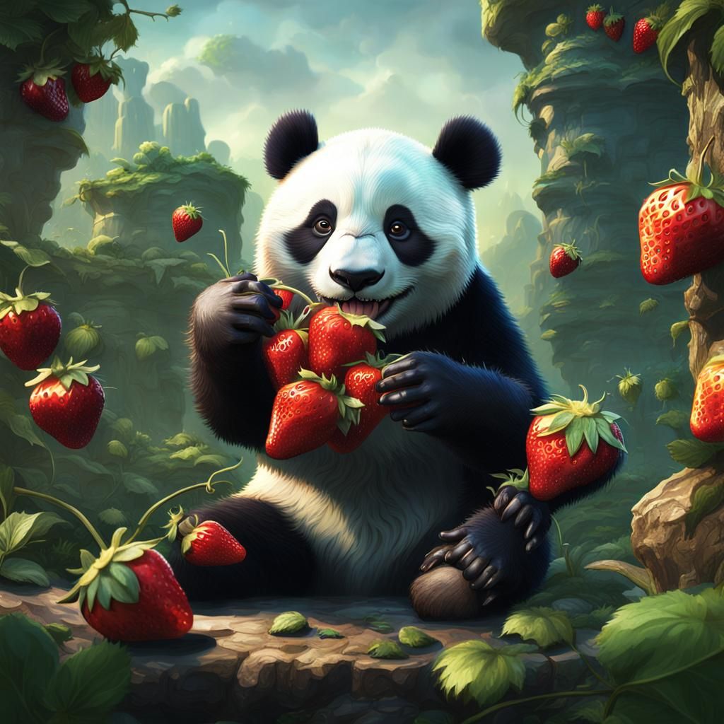 Panda Eating Strawberries in Detailed Matte Painting