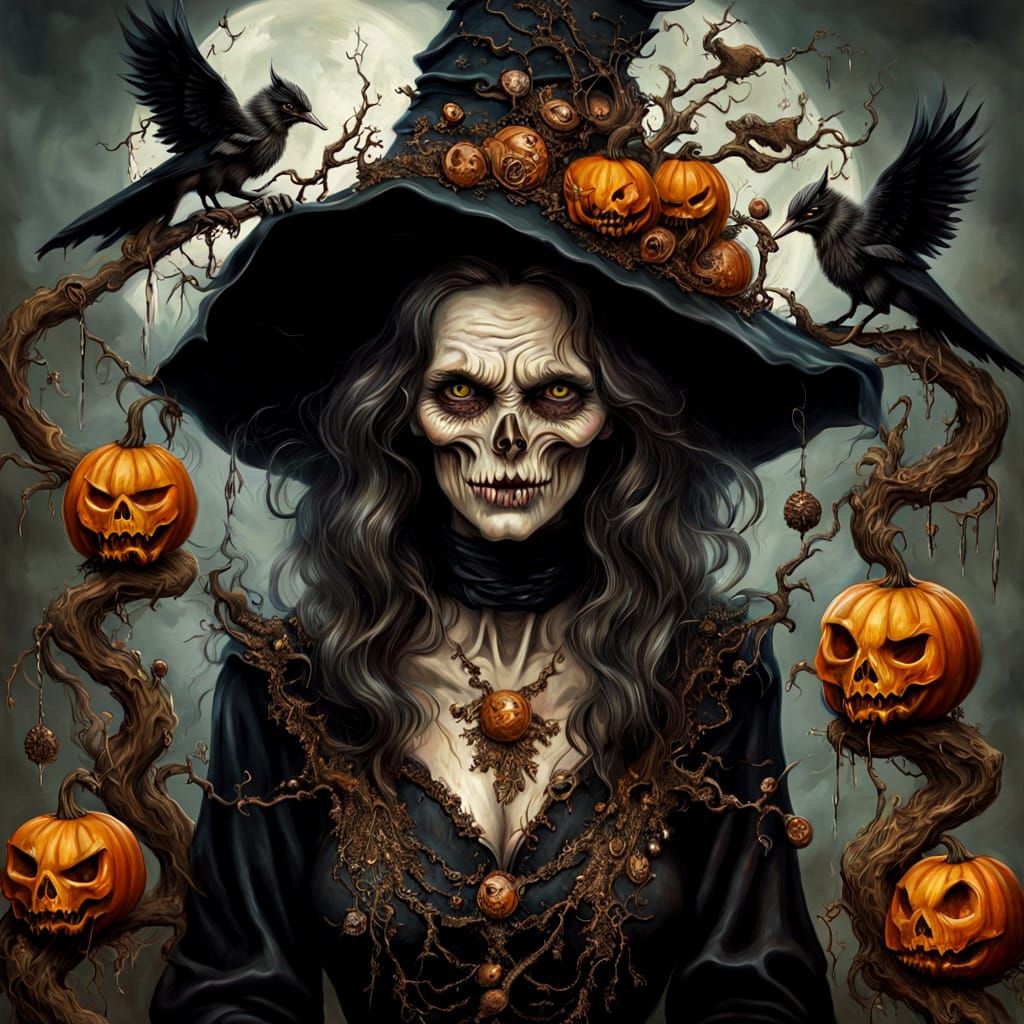 Whimsical Scary Witch Portrait in Detailed Oil Painting Styl...