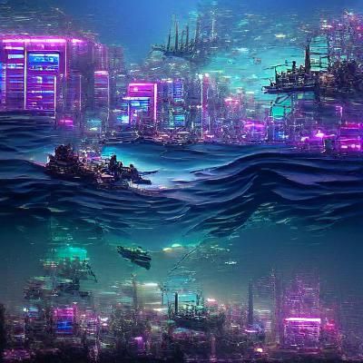 Cyberpunk Underwater Cityscape with Neon Glow