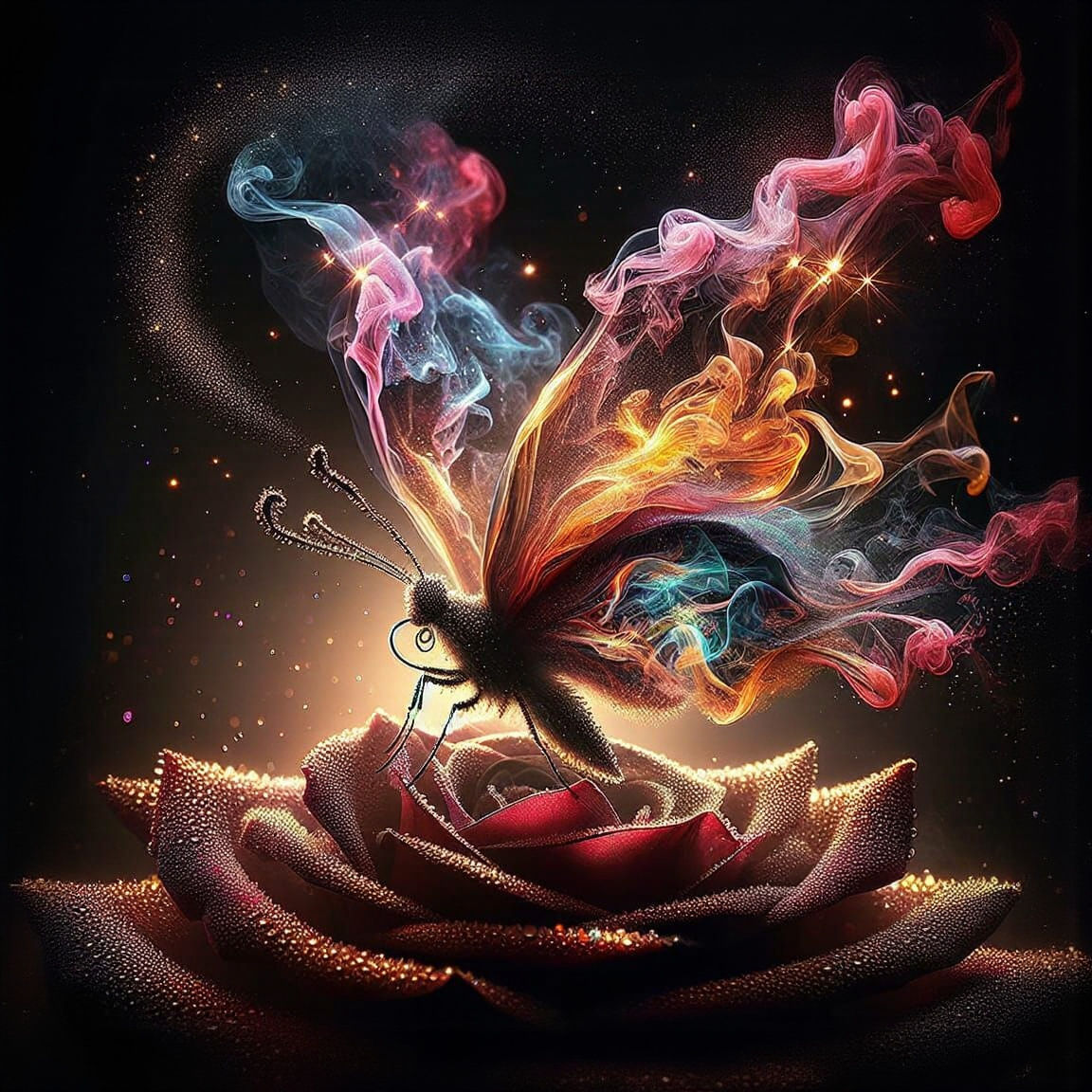 Smoky Gold Butterfly on Dewy Rose, Macro Photography