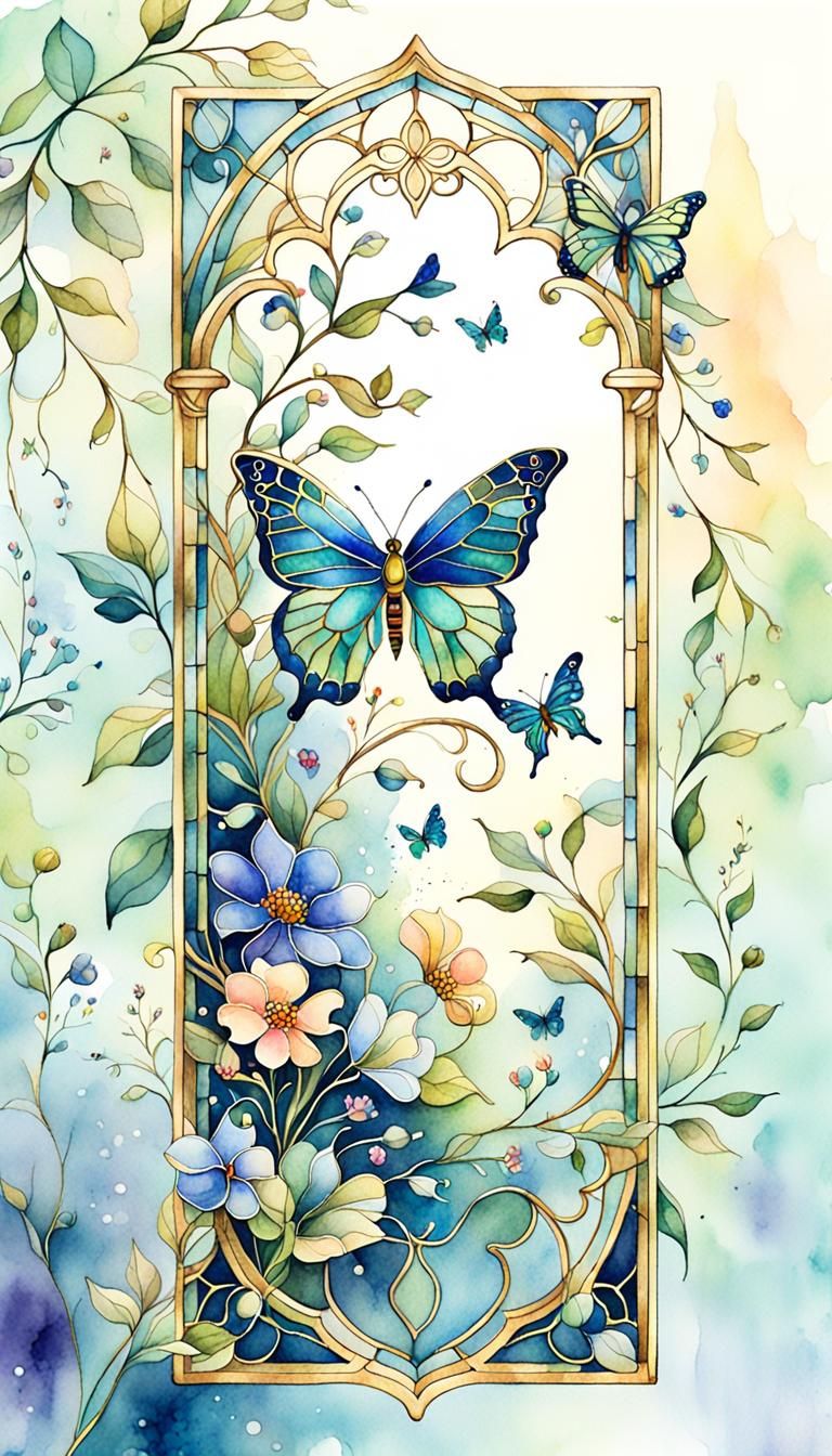 Whimsical Watercolor Bookmark with Stained Glass Butterfly
