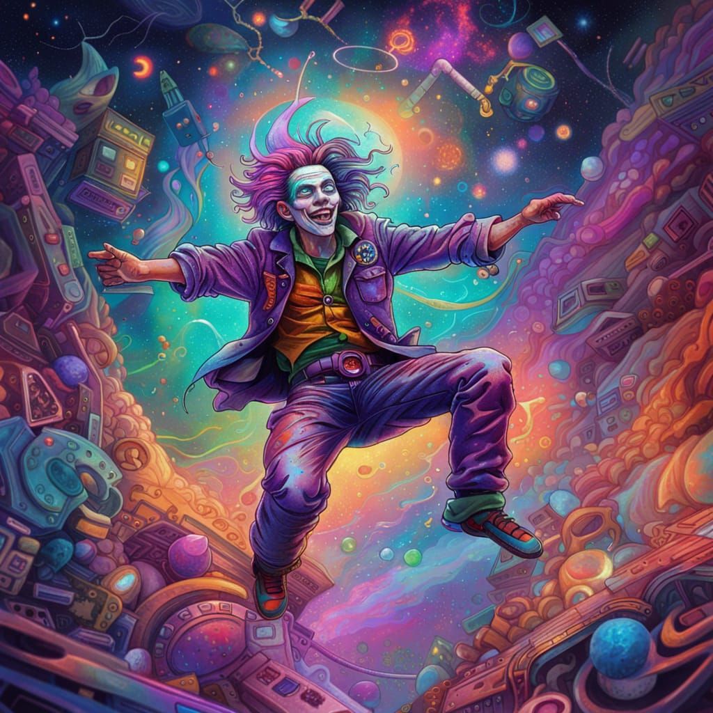 Mechanic Joker's Astral Leap: A Cosmic Illustration