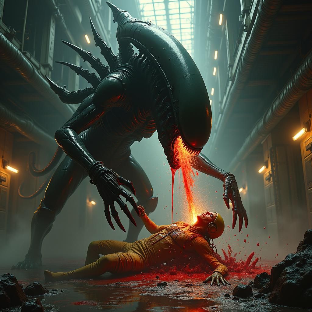 Biomechanical Alien Rending Human in Industrial Space Statio...