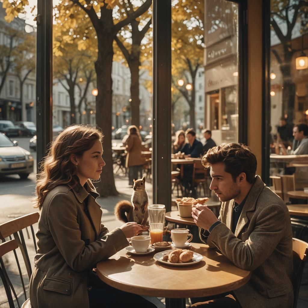 Squirrel Steals Croissant in Cinematic Cafe Scene