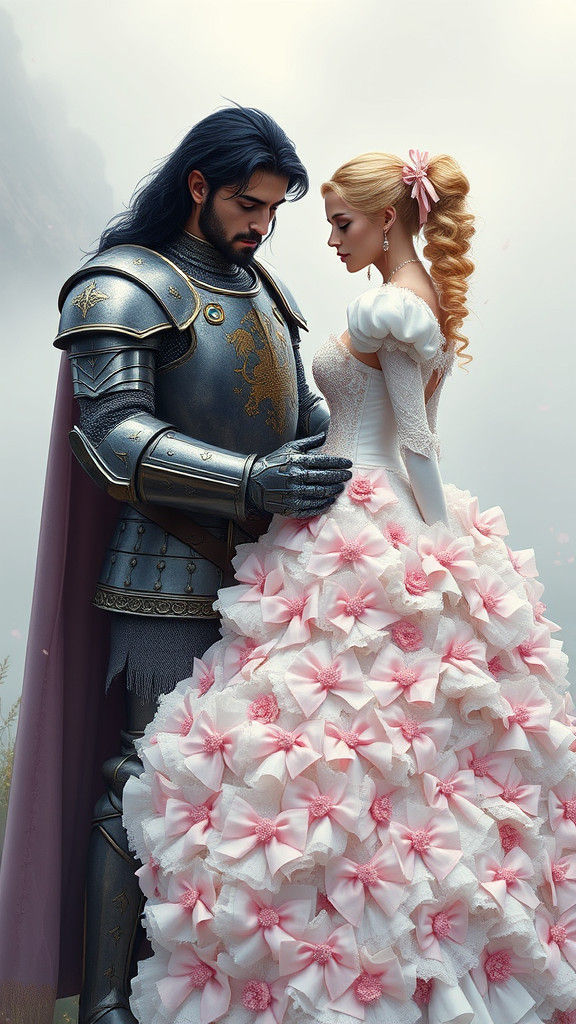 Knight Fastens Corset of Princess Bride in Dreamy Landscape