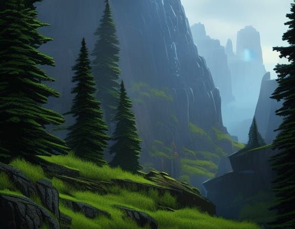 Rocky Waterfall Amongst Pines in Evening Light