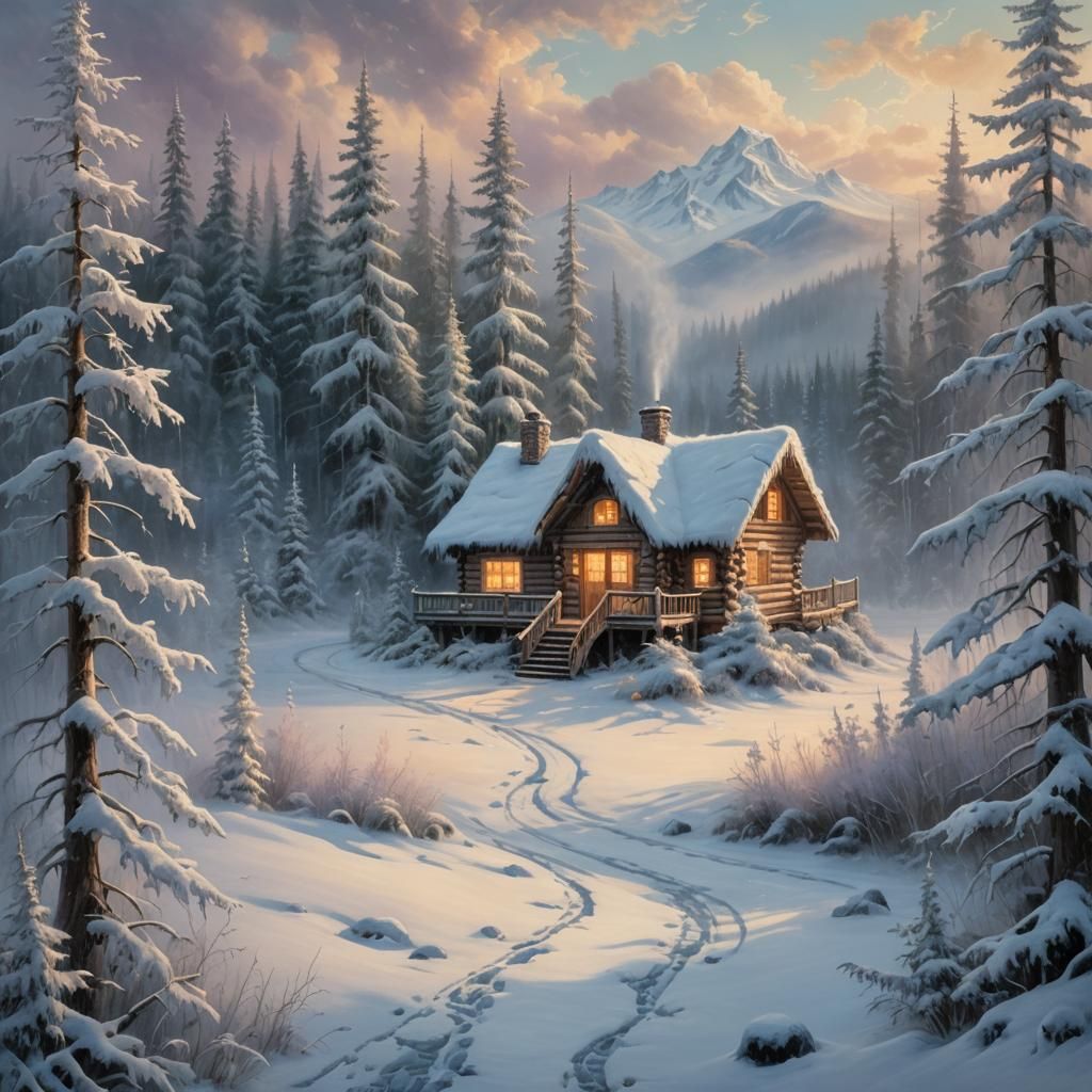 Idyllic Fairbanks Winter Wonderland in Oil Painting Style
