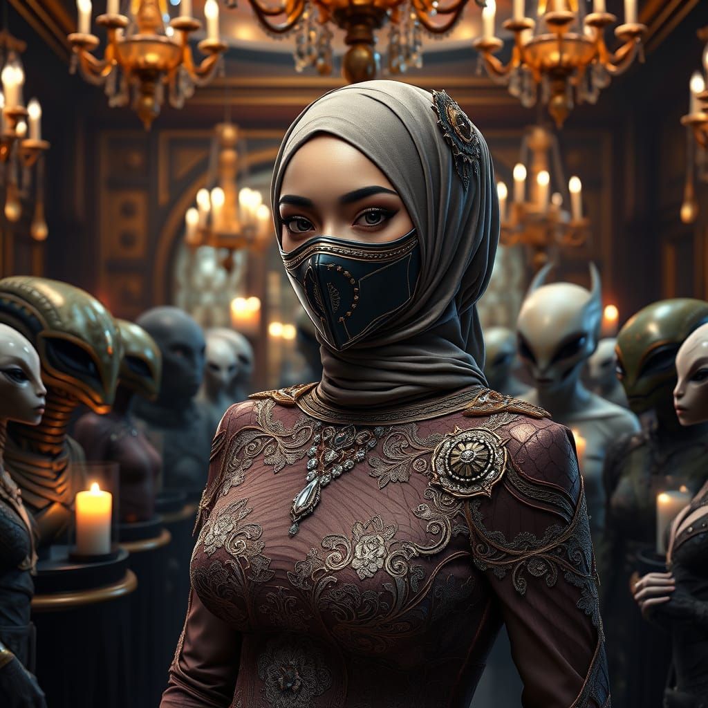 Glamorous Hybrid Woman Reigns at Opulent Interstellar Ball