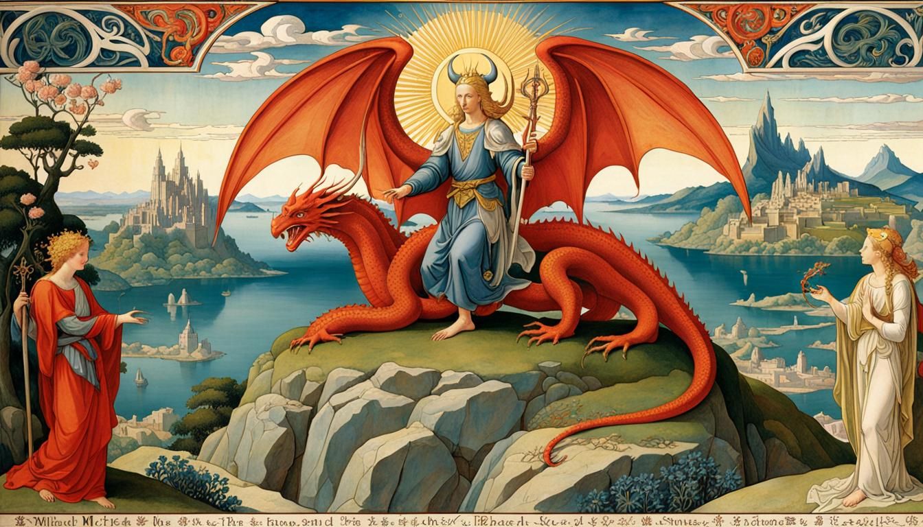 Saint Michael Defeats Dragon in Art Nouveau Style