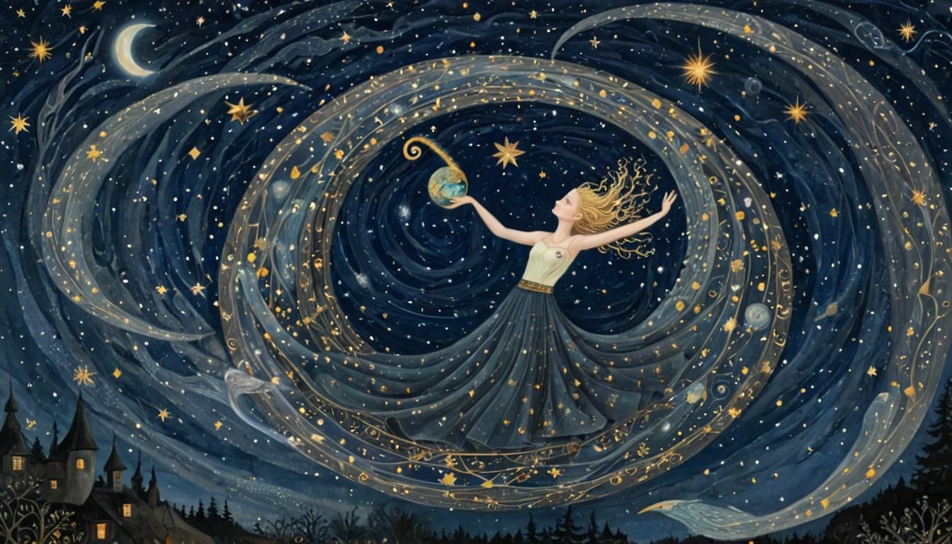 Mystical Creatures Soaring Through Electric Starry Galaxy