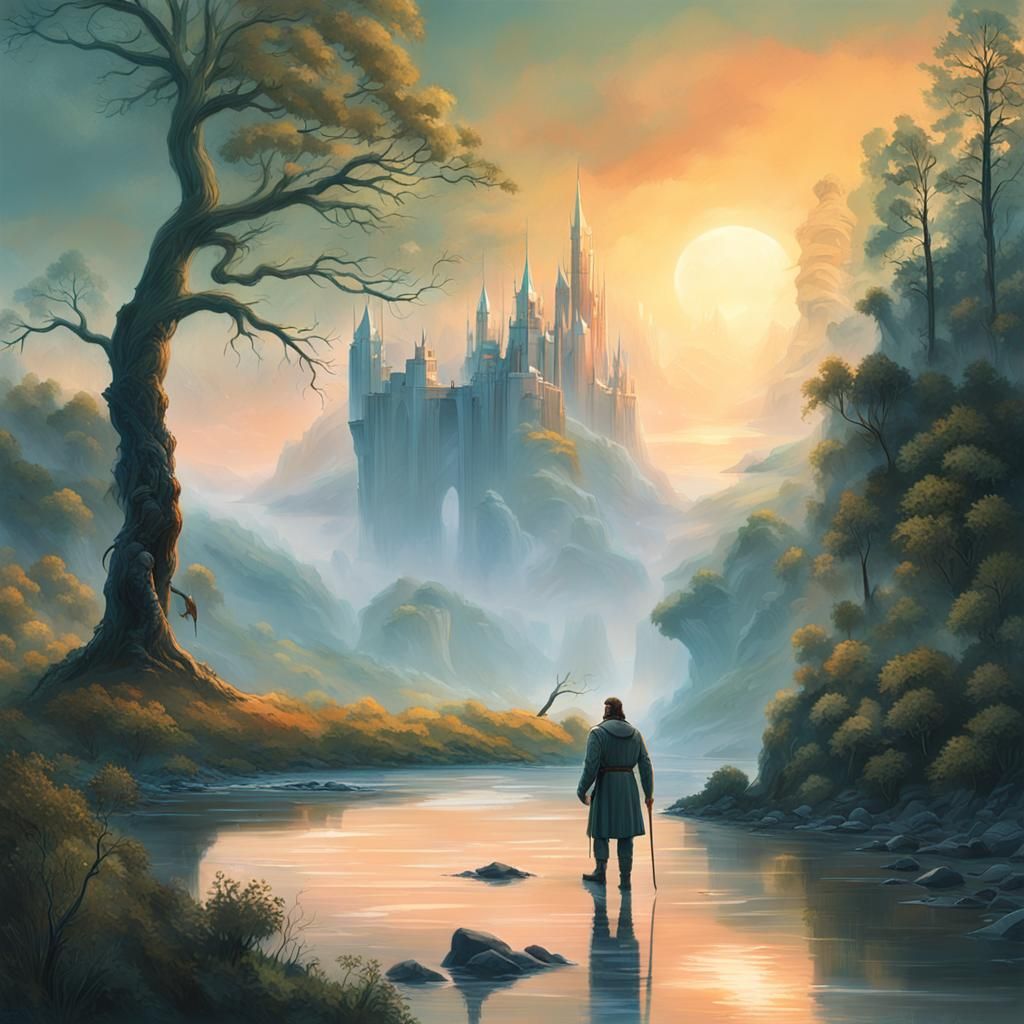 King on Riverbank in Fantasy Landscape