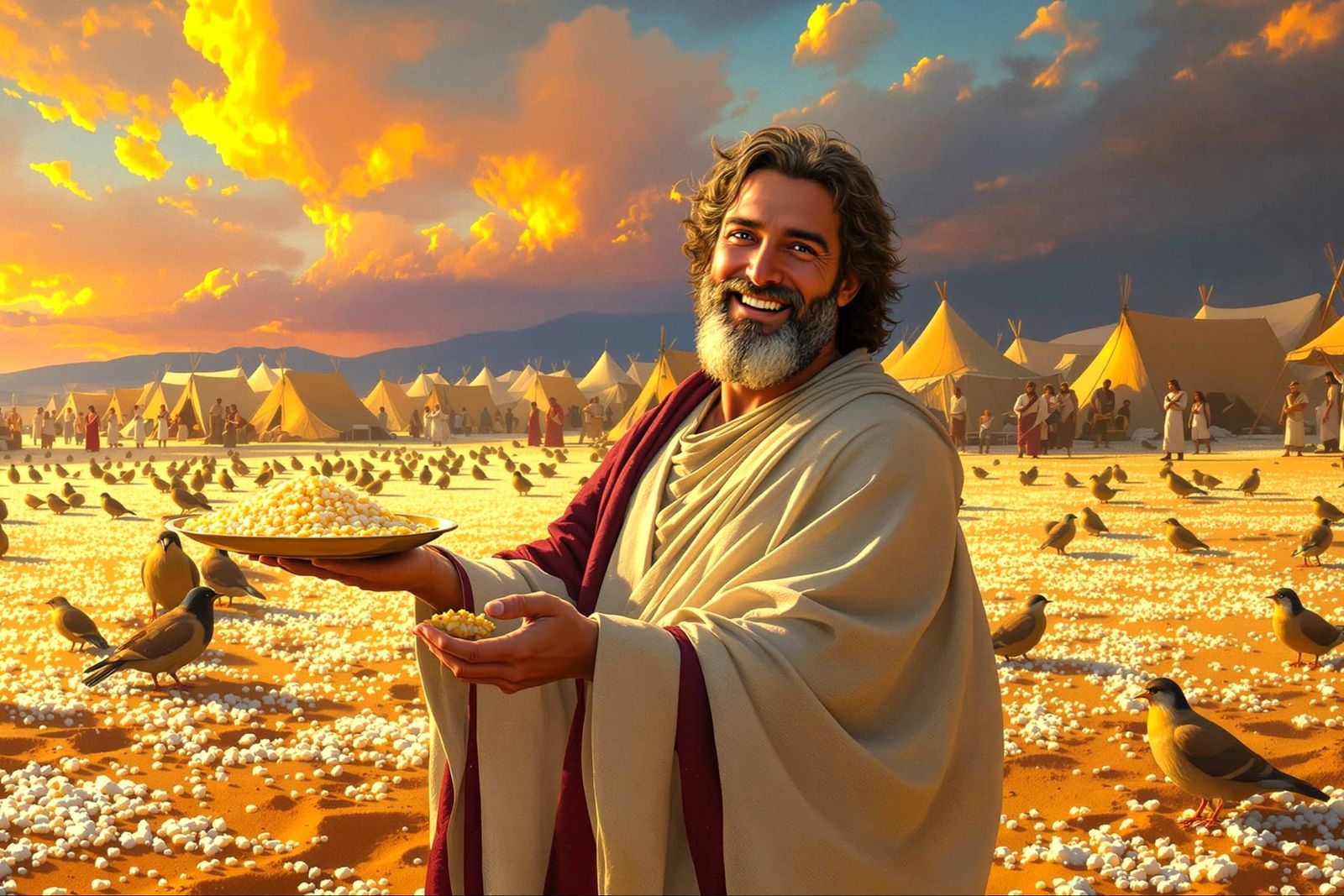 Moses Shares Manna with Israelites in Surreal Desert
